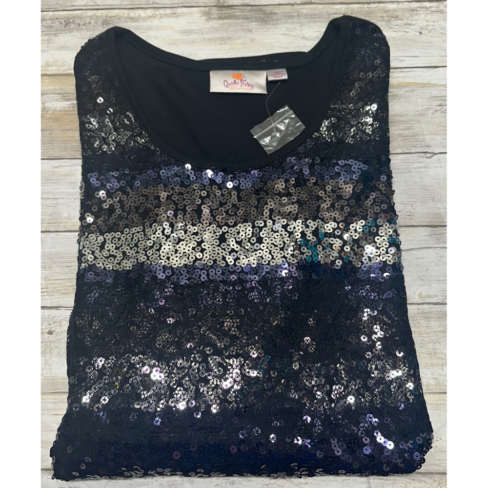 Quaker Factory Womens 1X Black Sequin Striped 3/4 Sleeve Top Shirt NWT